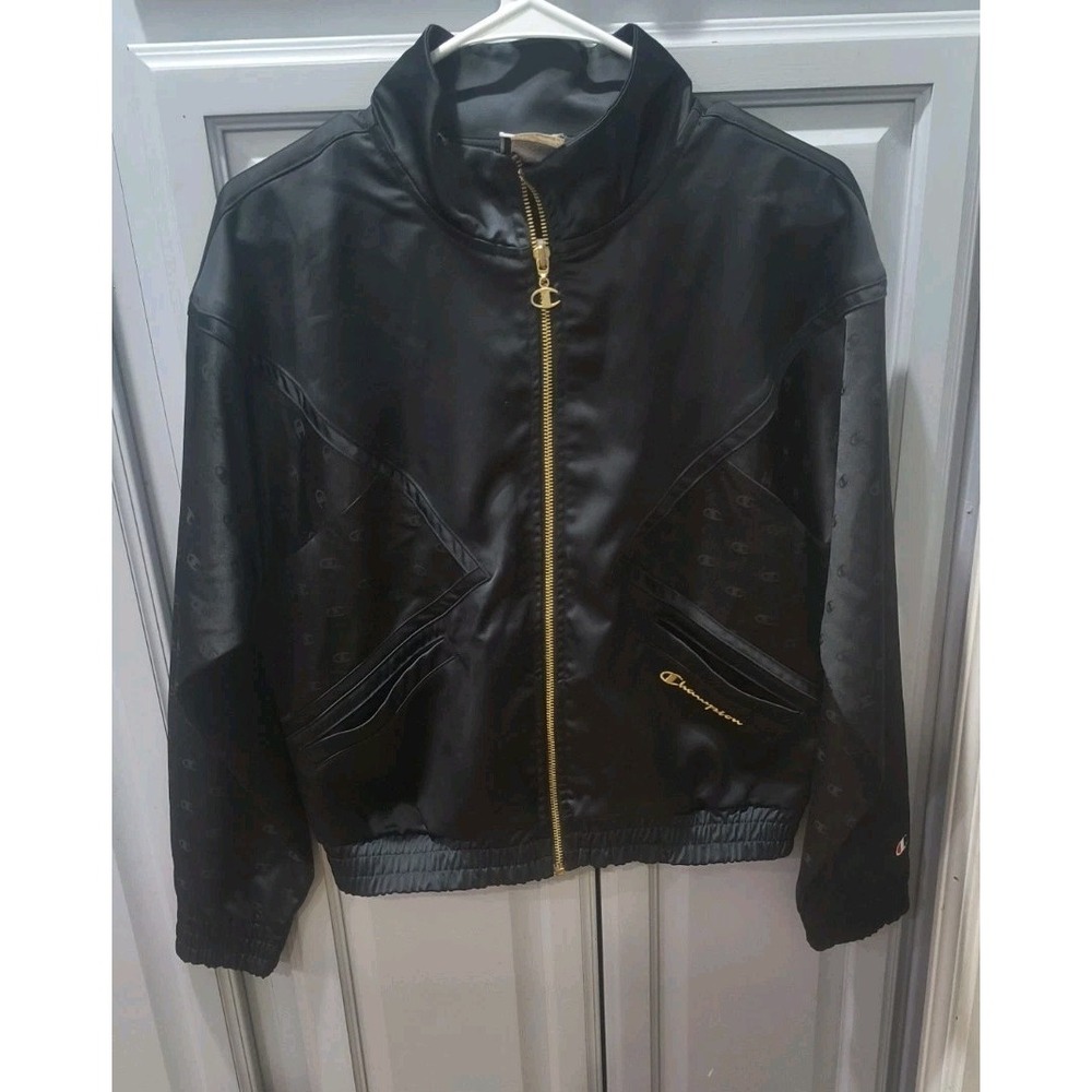 Champion Black Satin Bomber Jacket Gold Embroidered Spellout Monogram Womens